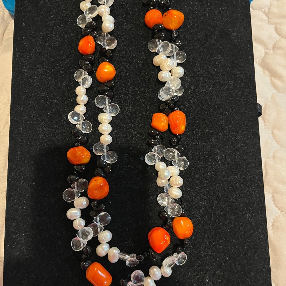 Multicolor Beaded freshwater pearl Necklace with Orange Accents